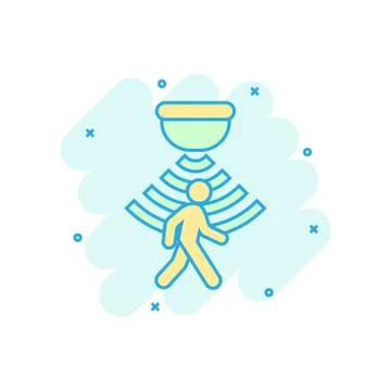 Motion sensor icon in comic style. Sensor waves with man vector cartoon illus Ilustración de archivo
