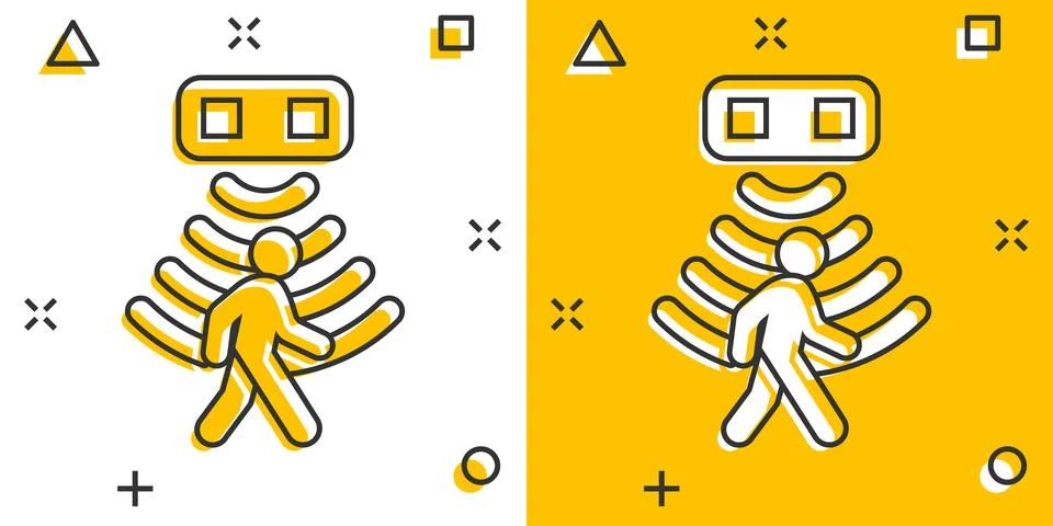 Motion sensor icon in comic style. Sensor waves with man vector cartoon illus Stock Illustration
