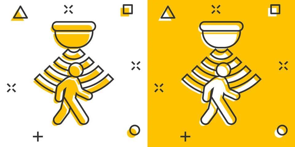Motion sensor icon in comic style. Sensor waves with man vector cartoon illus Stock Illustration