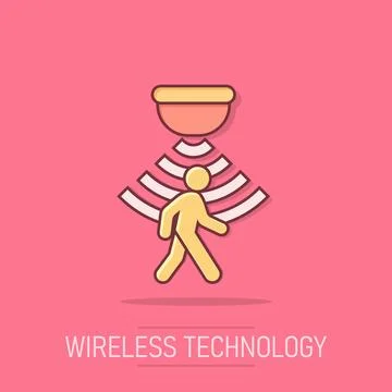 Motion sensor icon in comic style. Sensor waves with man vector cartoon ill.. Illustrazione stock