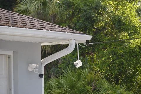 Motion sensor with light detector mounted on exterior wall of private house as Stock Photos