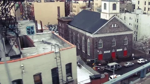 Motion shot of buildings while Leaving NYC Stock Footage 93783168