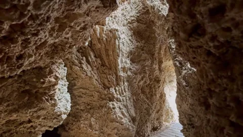 Motion shot of going through narrow hiking cave trail. 4k Stock Footage 270157106