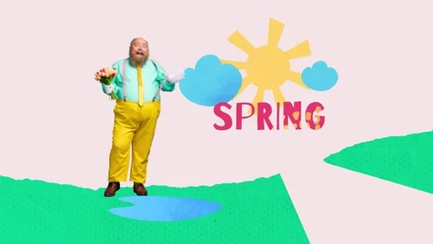 Motion sketch trend collage video of happy overweight man hold tulips spring Video stock 306230786