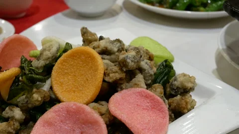 Motion of small oyster appetizers on table inside Chinese restaurant Stock Footage 86136703
