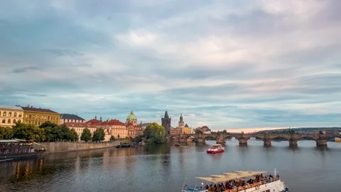 Motion sunset time lapse view of the cityscape of Prague Stock Footage 278029444