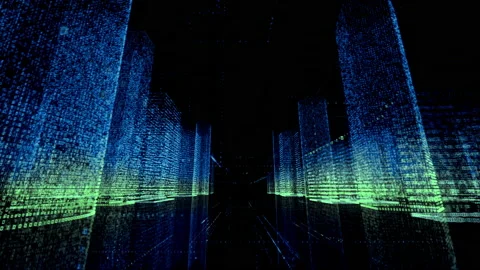 Motion through the bright blue and green color model of digital city contained Video stock 153167982