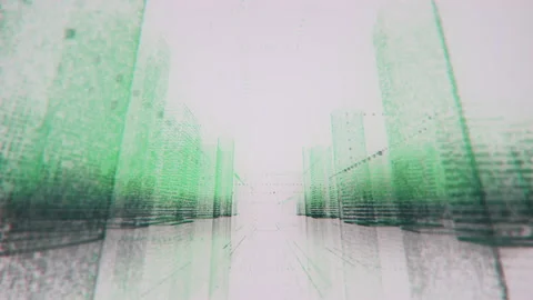 Motion through bright neon digital model of abstract business city made of Stock Footage 171778105