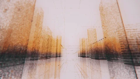 Motion through the orange and black colored model of abstract digital city Stock Footage 128824724