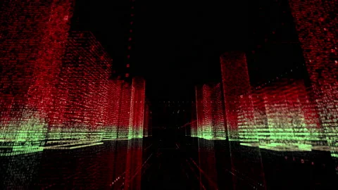 Motion through the red and green colored model of digital city contained of Stock Footage 229219146