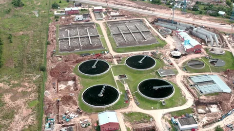Motion through the water treatment area. Aerial view from drone. Look from above Stock Footage 141012299