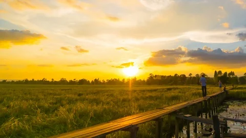 Motion time lapse of 100 year-old wooden bridge with sunset at Khonburi, Nakhon  Stock Footage 99347008