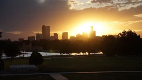 Motion Time-lapse Hyperlapse of Downtown Denver Skyline with bright sunset Stock Footage 119394100