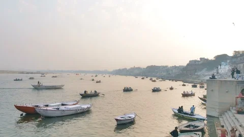 Motion Time lapse of the Indian holy river Ganges Varanasi, India Stock Footage 114552881
