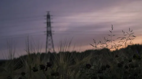 Motion time lapse parallax effect, evening light, sunset, power pole cornfield Stock-Footage 26719309