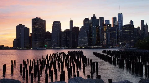 Motion Time-lapse of the Sun Setting over Lower Manhattan Stock Footage 90264026
