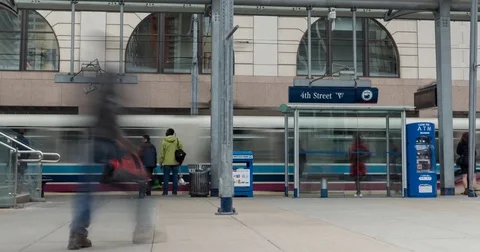 Motion time-lapse of train station in Calgary, Alberta on April 3, 2017 Stock Footage
