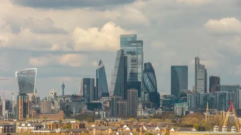 Motion time lapse view of the modern skyscrapers of the City of London Video stock 155732000