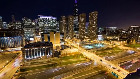 Motion Timelapse of a Busy Highway and Buildings in Downtown Chicago Video stock 76642845