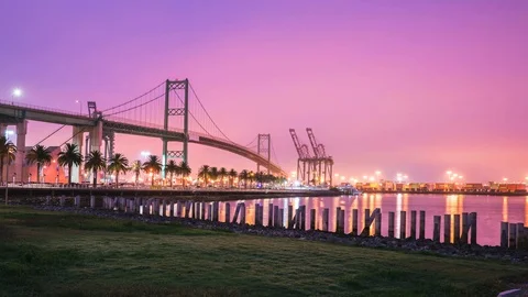 Motion Timelapse hyperlapse of the Vincent Thomas Bridge during sunrise Stock Footage 94865267