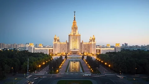 Motion timelapse of Moscow State University in the evening, aerial view. Stock Footage