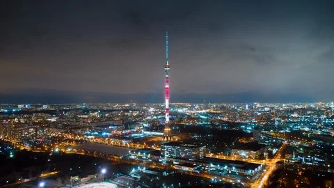 Motion timelapse of Ostankino tower on the night, view from above. Stock Footage 111135566