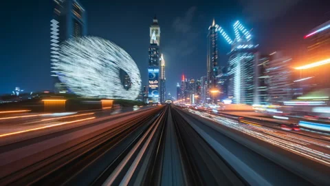 Motion Timelapse POV Shot from Modern Dubai Metro at Night in Dubai, UAE Stock Footage 265293480