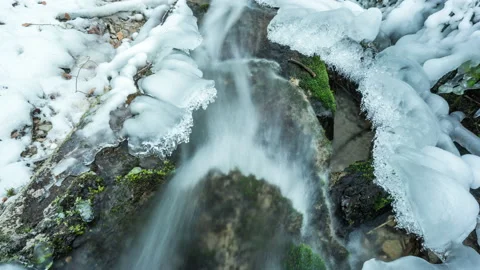 Motion timelapse of a small river in winter with frozen wood and moss Stock Footage 201739589