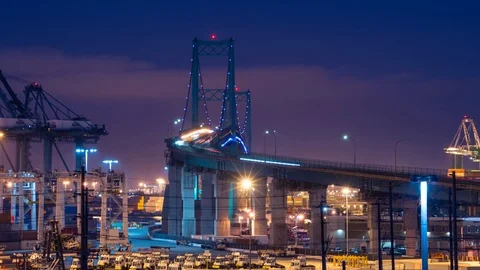 Motion Timelapse of the Vincent Thomas Bridge during sunset Stock Footage 91984092