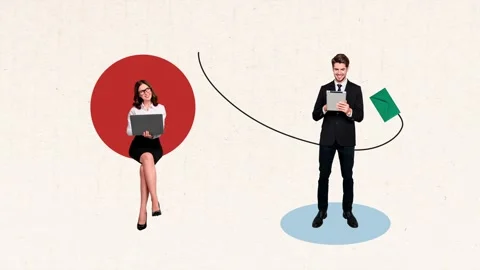 Motion trend art collage video of two happy girl guy hold laptop message Stock Footage 302158804