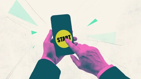 Motion trend art collage video of hand push phone screen start button Stock Footage 302983419