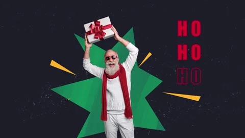 Motion trend art collage video of excited old man santa claus hold present box Video stock 302989607