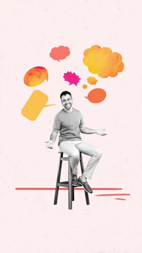 Motion trend art collage video of happy man sit stool show colorful chatterbox Stock Footage 302991874