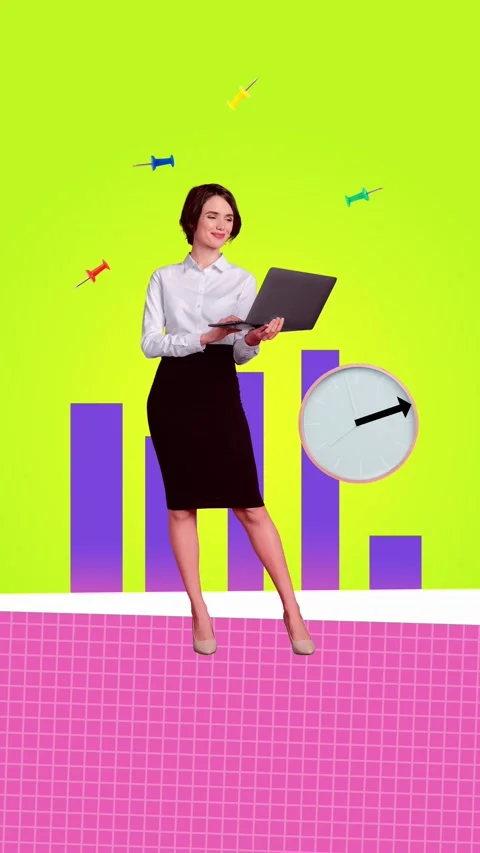 Motion trend art collage video of happy businesswoman hold laptop deadline clock Stock Footage 304500909