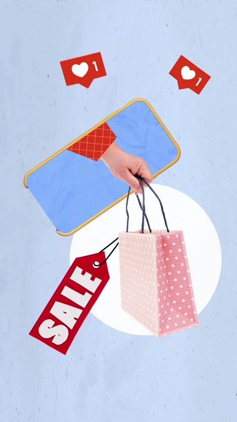 Motion trend art collage video of phone peek hand hold shopper sale like blog Stock Footage 309510487