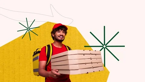 Motion trend art collage video of happy man delivery hold pizza box import Stock Footage 311504057
