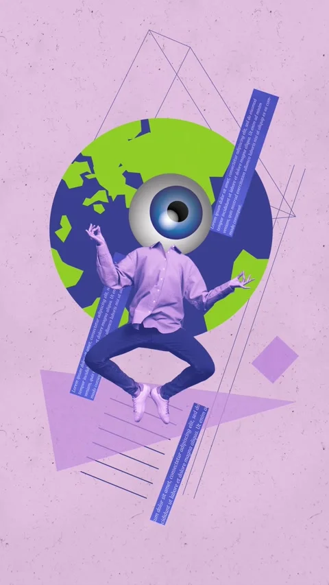 Motion trend art collage video of anonym guy instead head eyeball stare yoga Stock Footage 312316460