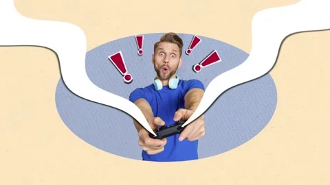 Motion trend art collage video of shocked man play gamepad addiction virtual Video stock 312316567