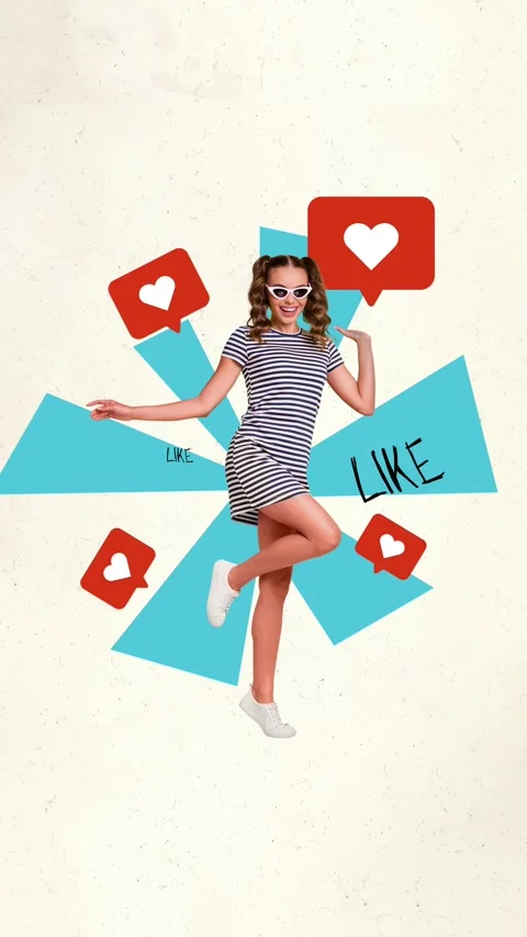 Motion trend collage video of happy girl jump heart icon feedback social network Stock Footage 302172578