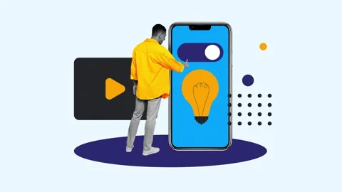 Motion trend collage video of happy man stand back push switch phone light bulb Stock Footage 306230777