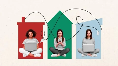 Motion trend collage video of three happy business girls home remote work laptop Stock Footage 302158737
