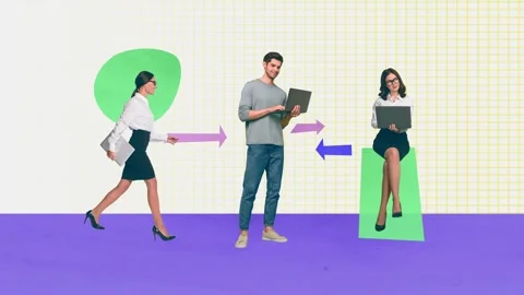 Motion trend collage video of three happy business girl guy freelancer laptop Stock-Footage 303159526