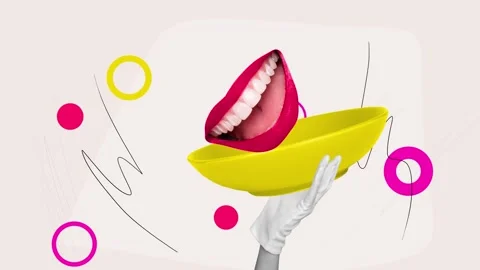 Motion video collage of human white glove showing plate white teeth smile Stock-Footage 302966655