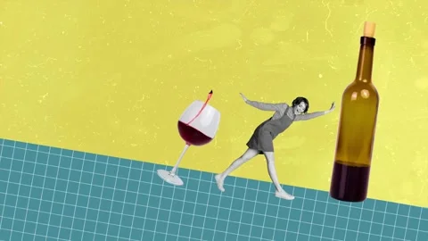 Motion video collage of lady balancing on moving floor with wine alcoholic drink Stock Footage 302968766