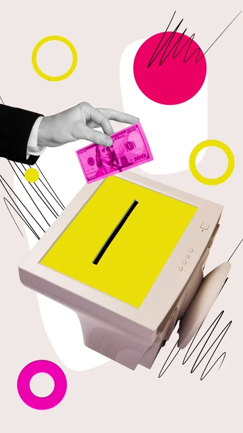 Motion video collage of person insert money in computer online web shopping Stock Footage 302966875