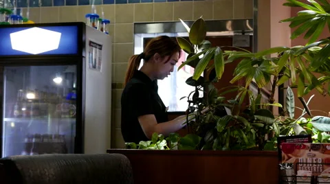 Motion of waitress printing bill for customer inside Denny's restaurant Video stock 67974140