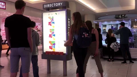 Motion of woman checking store position in front of directory sign Stockbeeldmateriaal 113069079