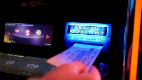Motion of woman inserting voucher ticket for playing slot machine Stock Footage 75302445