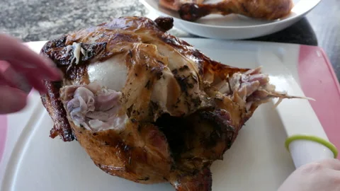 Motion of woman using ceramic chef knife and cutting chicken on cutting board 스톡 동영상 96575013