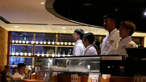 Motion of worker bowing down and thank you for customer Stock Footage 96794045